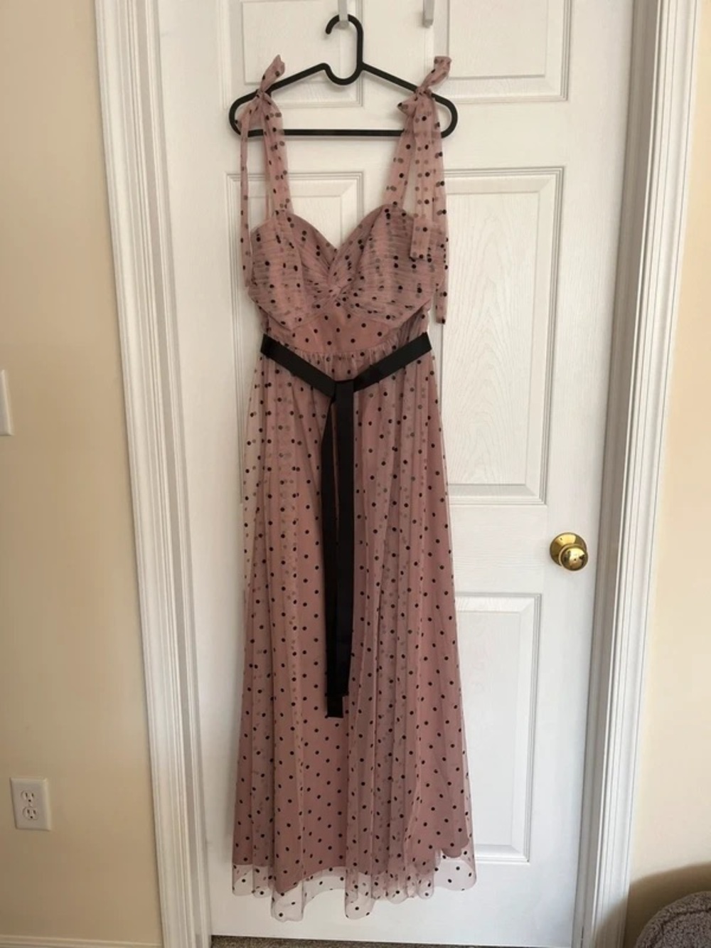 Blush Polka Dot Maxi Dress with Black Waist Sash